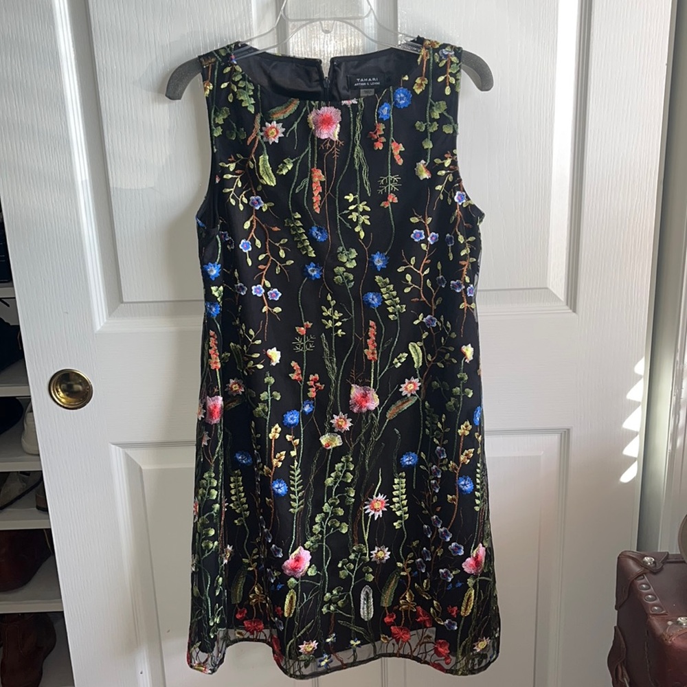 Tahari Black/Royal/Green Floral Embroidered Dress
